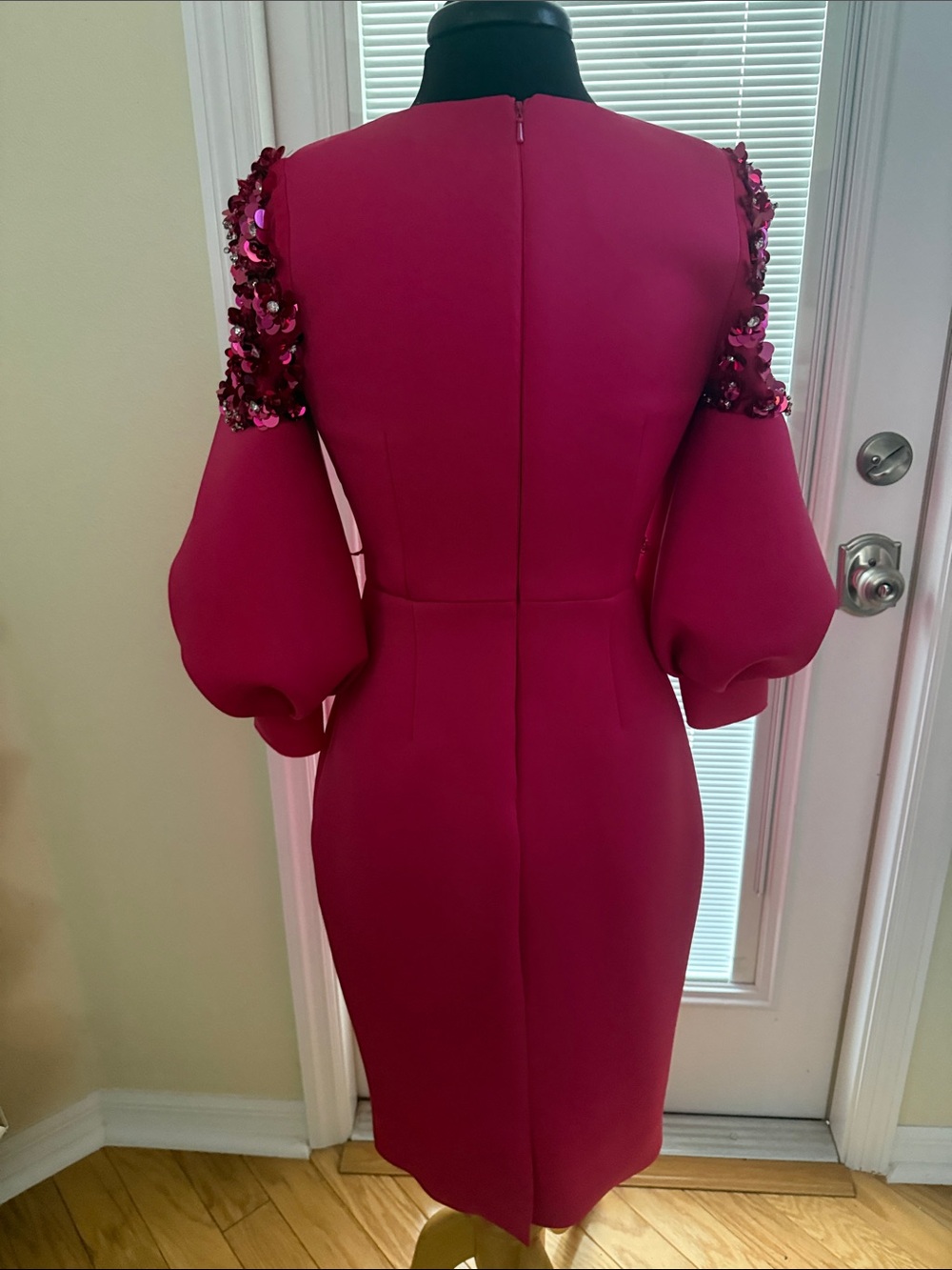 Badgley Mischka Hot Pink V-Neck Midi Dress with Embellished Puff Sleeves - Picture 2 of 4